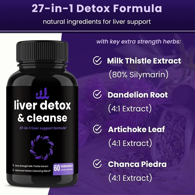 Liver cleansing, detoxification, and repair formula | Over 20 herbal plants: Milk thistle extract contains silymarin, etc