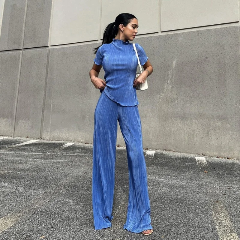 French Summer New SlimmingTT-shirt vita alta blu pieghettato Mopping Pants Casual moda donna SuitWlj