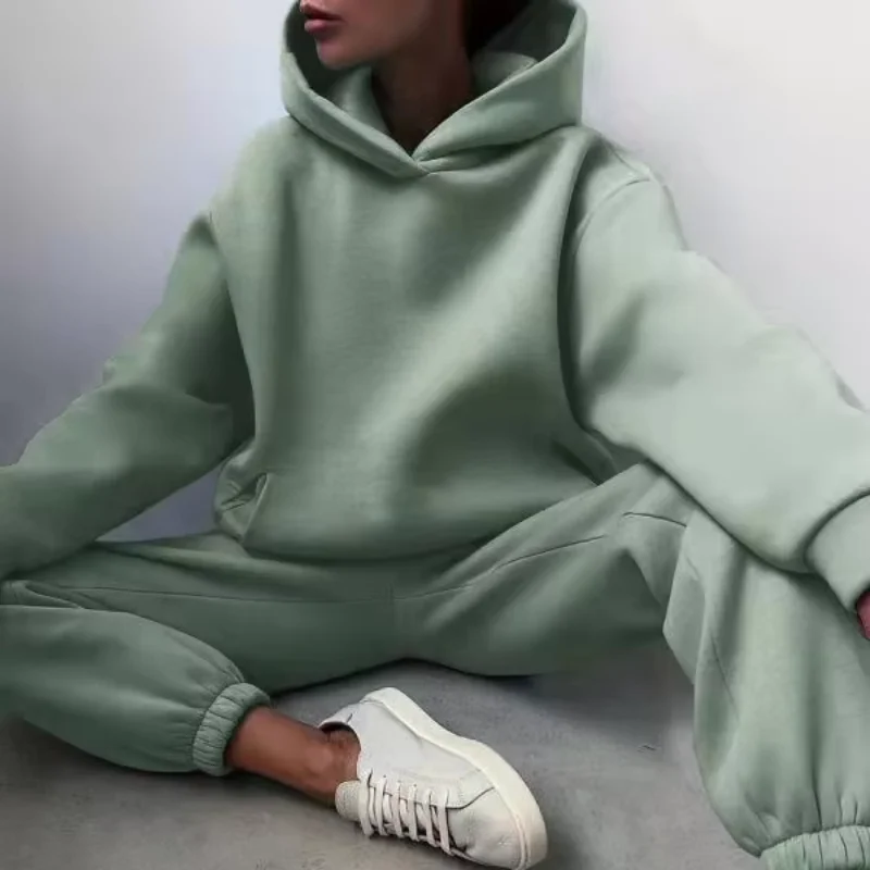 Nữ Phù Hợp Với Áo Khoác Dài Tay Có Bộ Quần Áo Thể Thao Thu Đông Ấm Áo Hoodie Quần Tây Và Dài Quần Nỉ Hai Mảnh bộ