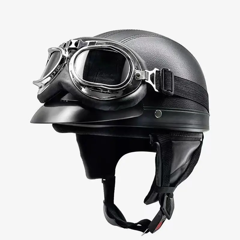 Vintage Leather Half Helmet for Men And Women Lightweight All-Season Motorcycle And Electric Scooter Helmet