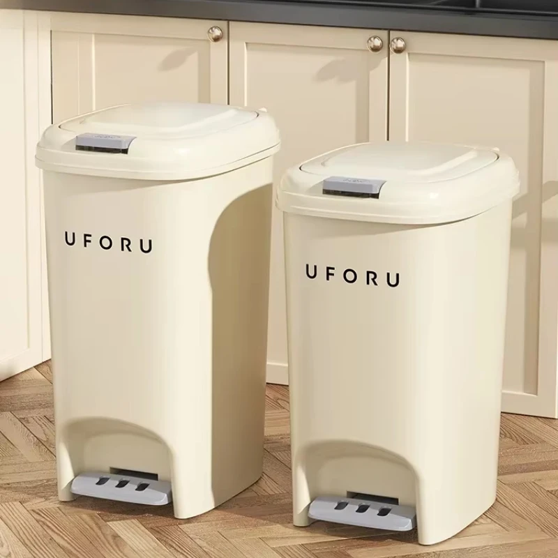 Plastic Pedal Trash Bin  No-Bend Kitchen Waste Container  Odor-Proof Covered Paper Basket Large-Capacity Garbage Can