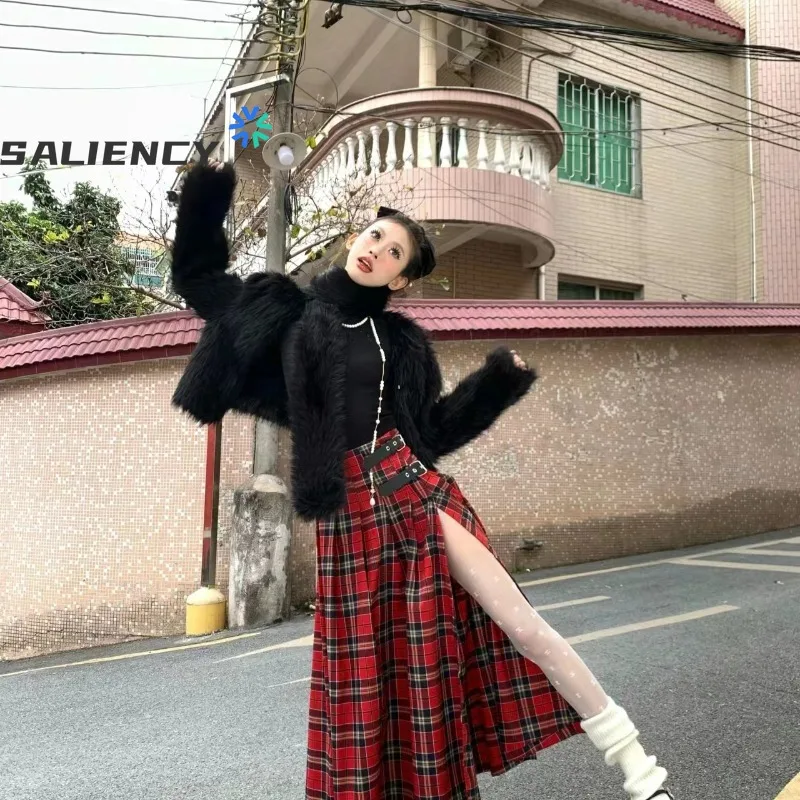 

Vintage Red Plaid Bustier Skirt Women High Street Leather Buckle High Waist Split Long Skirt