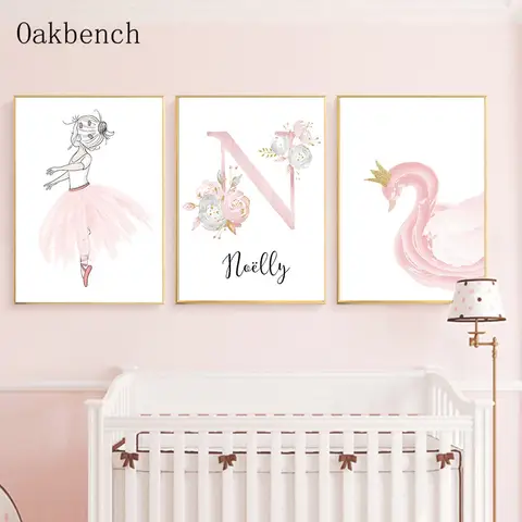 Pink Custom Name Poster Ballet Girl Canvas Painting Swan Wall Art Nursery Wall Posters Nordic Wall Picture Girls Room Decoration