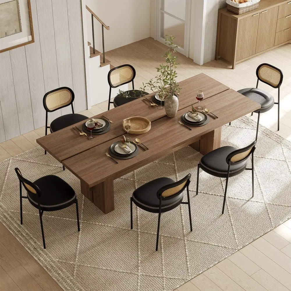 Dining Chairs Set of 6, Black Leather Upholstered Dining Chairs with Rattan Cane Back, Mid Century Modern Dining Room Chairs wi