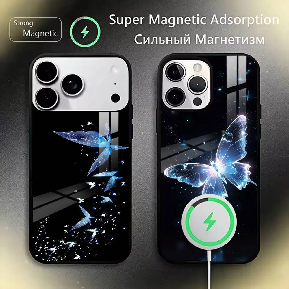 

Aesthetic Blue Butterfly Phone Case For iPhone17,16,15,14,13,12,11 Plus,Pro Magnetic For Magsafe Wireless Charging