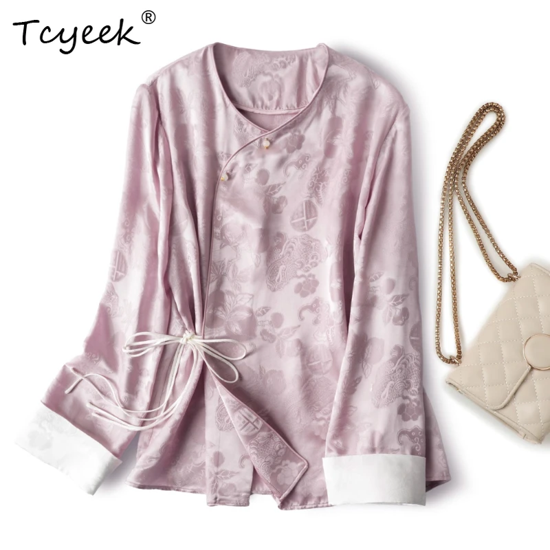 

Tcyeek 100% Mulberry Silk Summer New Chinese Style Slanted Collar Round Neck Long Sleeved Women's Shirts Женская Одежда 여름옷
