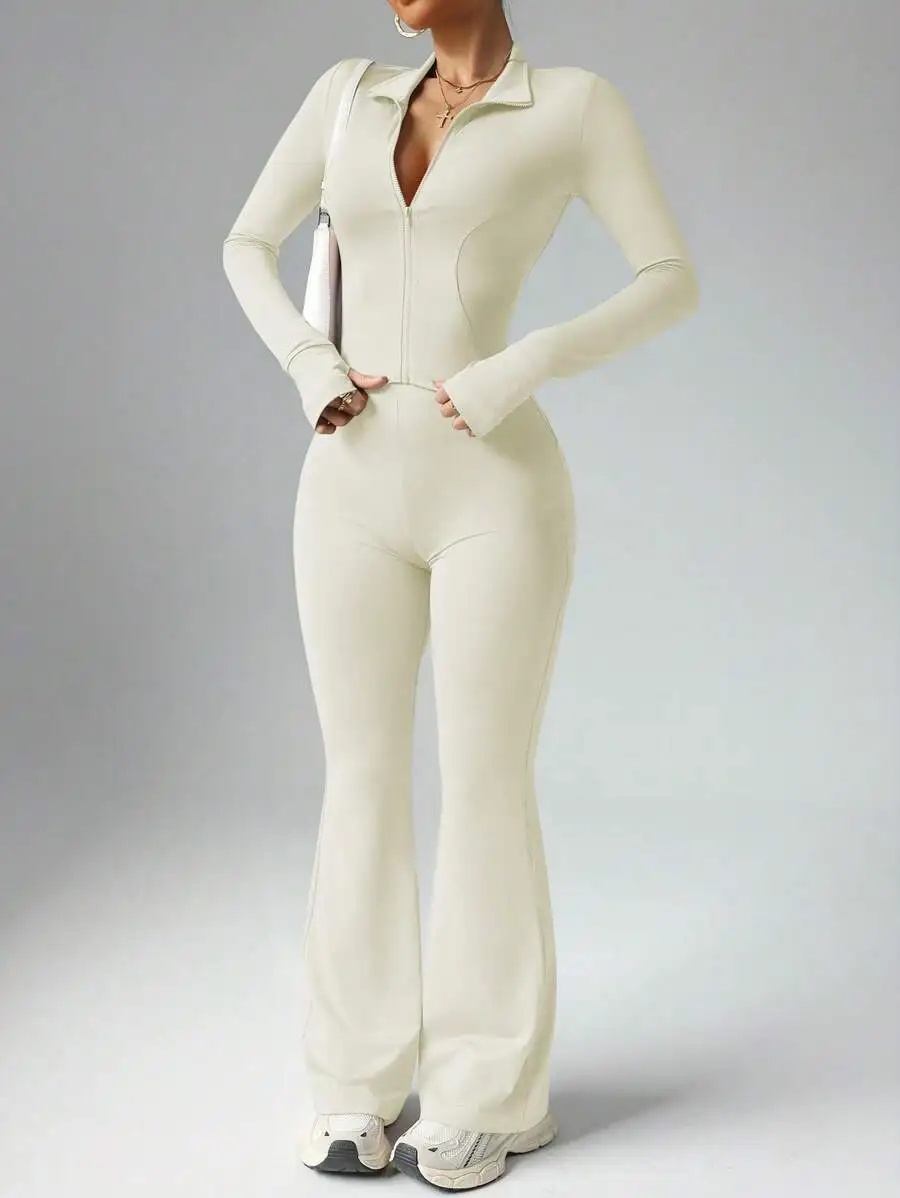 

Cream Solid Long Sleeve Zip-Up Top And Flared Leggings Set For Women Workout Gym Fashion Outfit