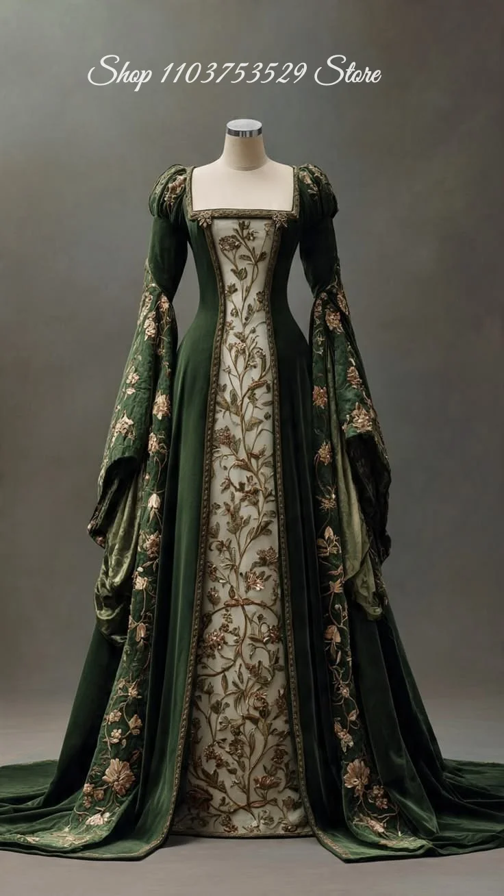Vestido de Gala Renacentista Tudor Personalizado, Terciopelo Verde Oscuro con Bordado Floral Dorado, Disfraz de Cosplay de Dama Noble Real Medieval