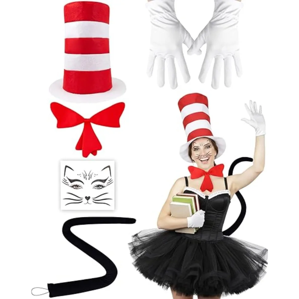 4Pcs Cat Costume Accessories Set Include Red White Striped High Top Hat Furry Red Bow Tie Black Tail Gloves Party Supply