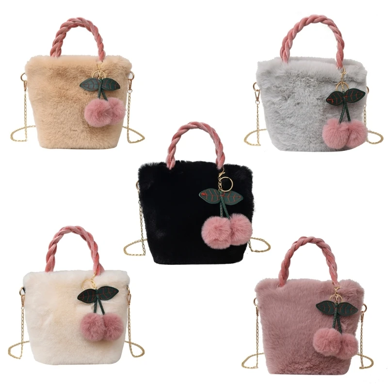 E74B Fashion Bucket Bags for Girl Women Crossbody Bag with Cherry Pendant Shoulder Bag Plush Trendy Bag Versatile Lady Purse