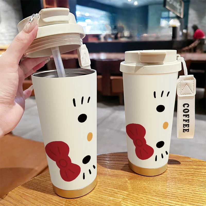 520Ml Sanrio Sus316 Hello Kitty Double Drink Straw Thermal Cup Kawaii Kt Kitty Cartoon Sports Office Vehicle Mounted Coffee Cup