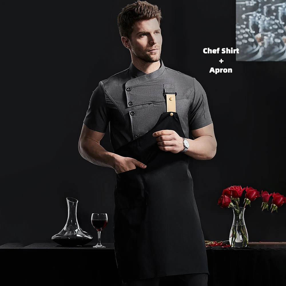 Khaki Uniform Catering Workwear Head Shirts Cooking Coat Chef Jacket Summer Restaurant Barber Shop Waiter Shirt Apron