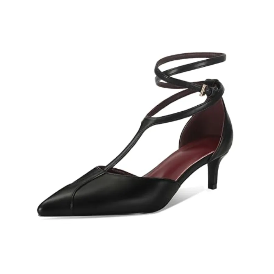 

Kitten Heels for Women Pointed Toe Pumps Leather Mid Heel Slingback Heels T Strap Dress Shoes