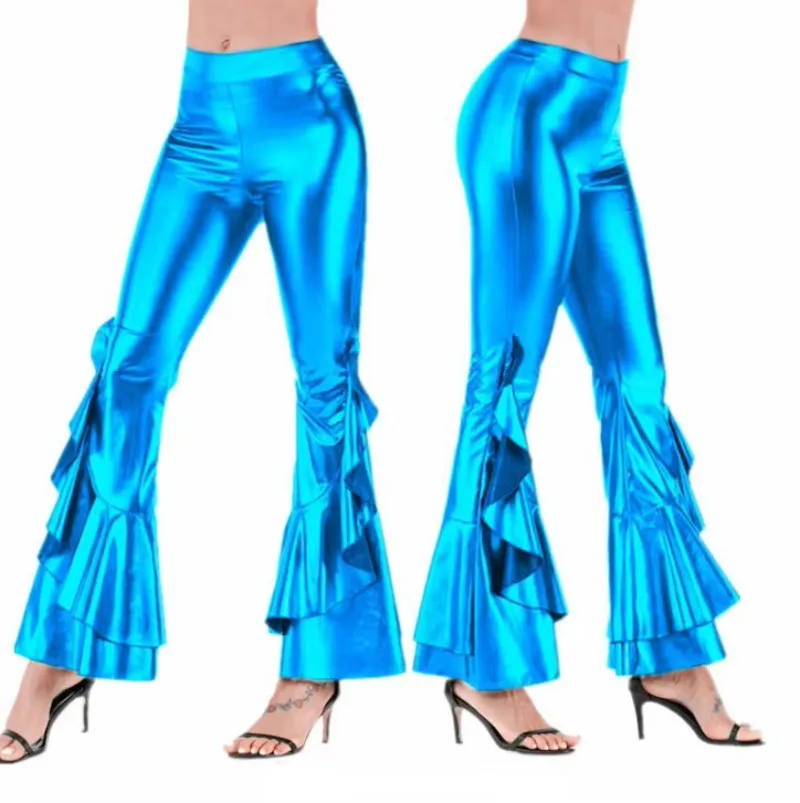 Dameskostuums Sexy PU-leer Metallic Flare-broek Glanzende meisjes elastische taille Bell Bottom-broek Clubwear Carnaval Disco Party