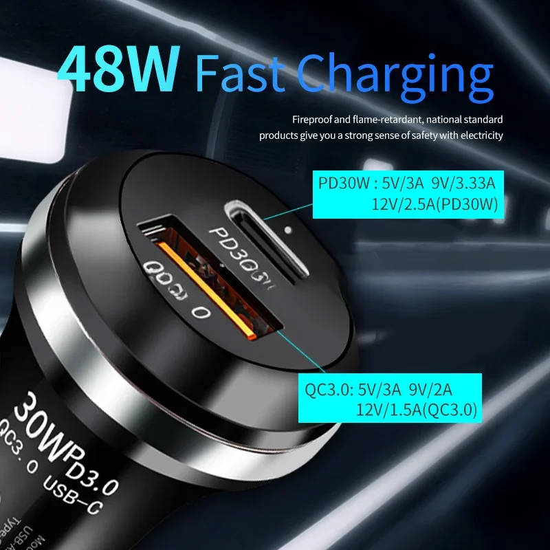 

Автомобильное зарядное устройство USB Type-C, 30 Вт, Quick charge 4,0 QC PD 3,0 SCP 5A, быстрая зарядка в автомобиле для IPhone 14 13 Huawei Samsung Xiaomi