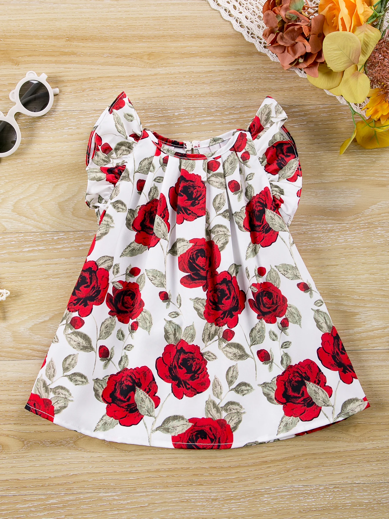 Baby Girls Spring Summer New Arrival Fly Sleeve Dress, Rose Floral Print Pleated Design, Cute Sweet Casual Kids Apparel