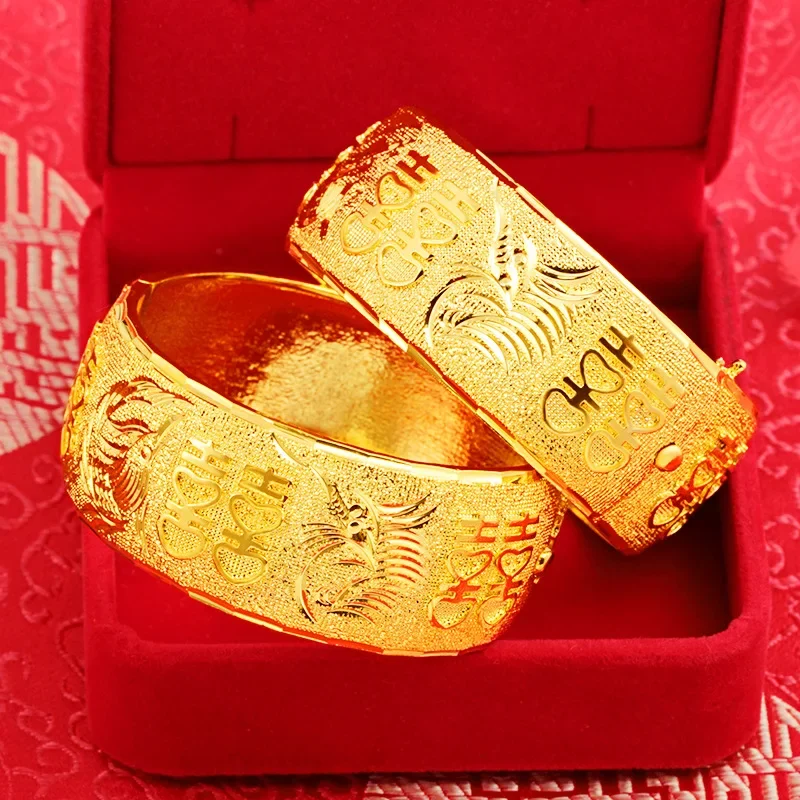 

Pure Gold Color Bracelet for Women Bride Wedding Engagement Ragon Phoenix Matte Jewelry Gold Bangles Gifts Not Fade Gold