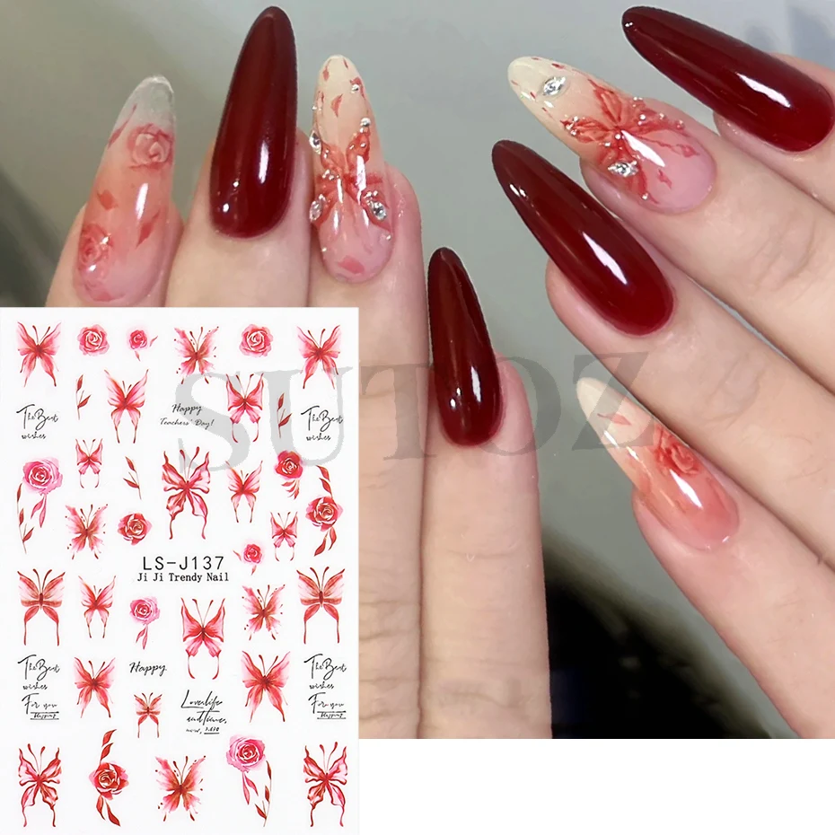 Red Rose Butterfly Nails Sticker Bloody Color Blooming Flower Inkwash Blending Design Liquid Butterflies Pattern Nail Decal#LS-J