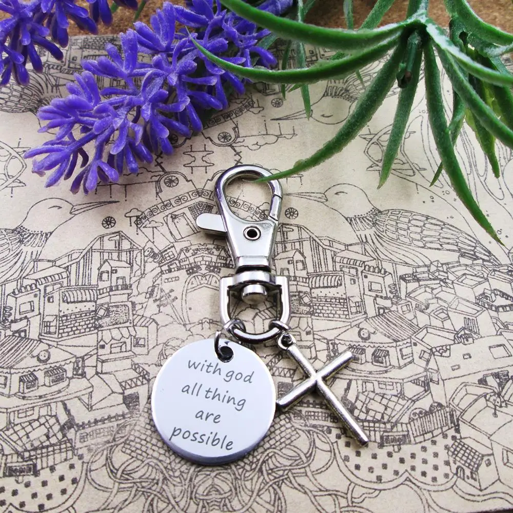 High quality Key chain With God all Things are Possible with cross stainless steel keyring  birthday gift