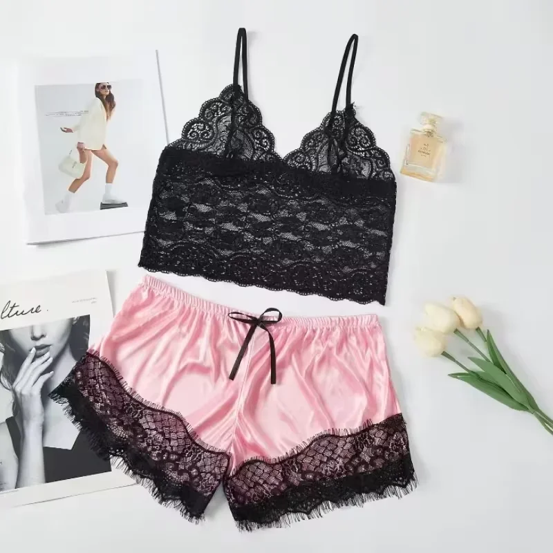 

Women Lace Sexy Pajamas Nightclothes V Neck Low Cut Lace Top And Ice Silky Shorts