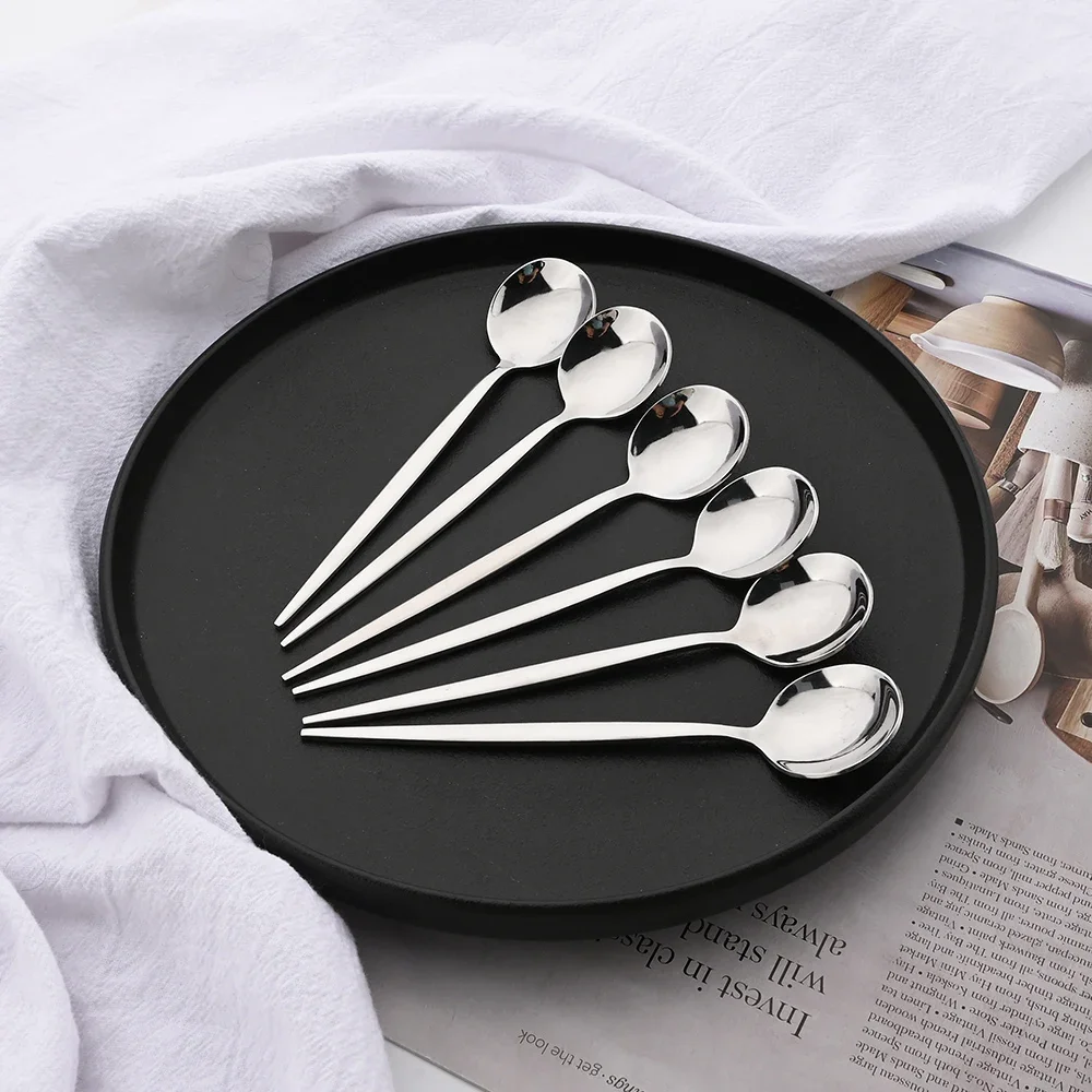 6Pcs Tea Coffee Stir Mini Spoons Small Mirror Stainless Steel Spoon Kitchen Accessories Black Silver Gold Teaspoon Set Wholesale