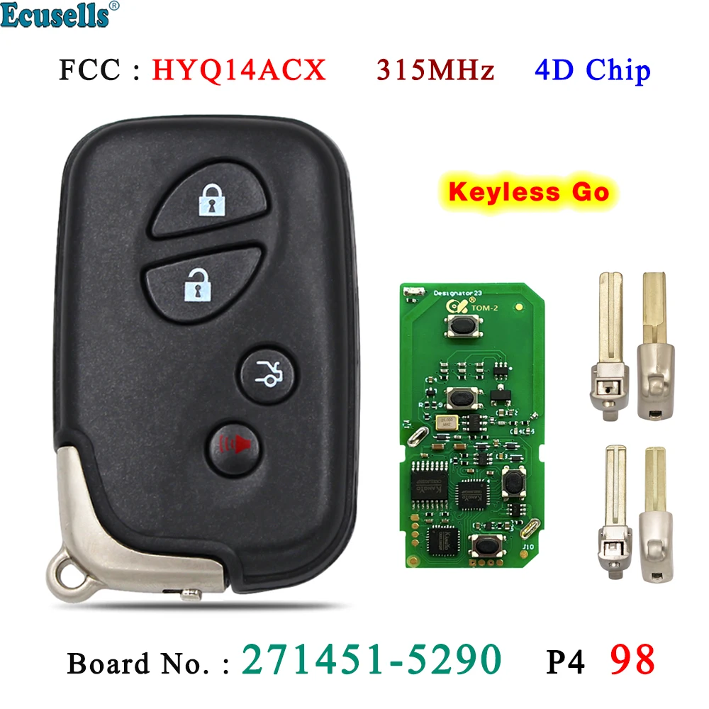 

Ecusells 4 Buttons Smart Keyless Go Remote Key 315MHz 4D Chip for Lexus HS250 LS460 LS460L LS600H HYQ14ACX 271451-5290