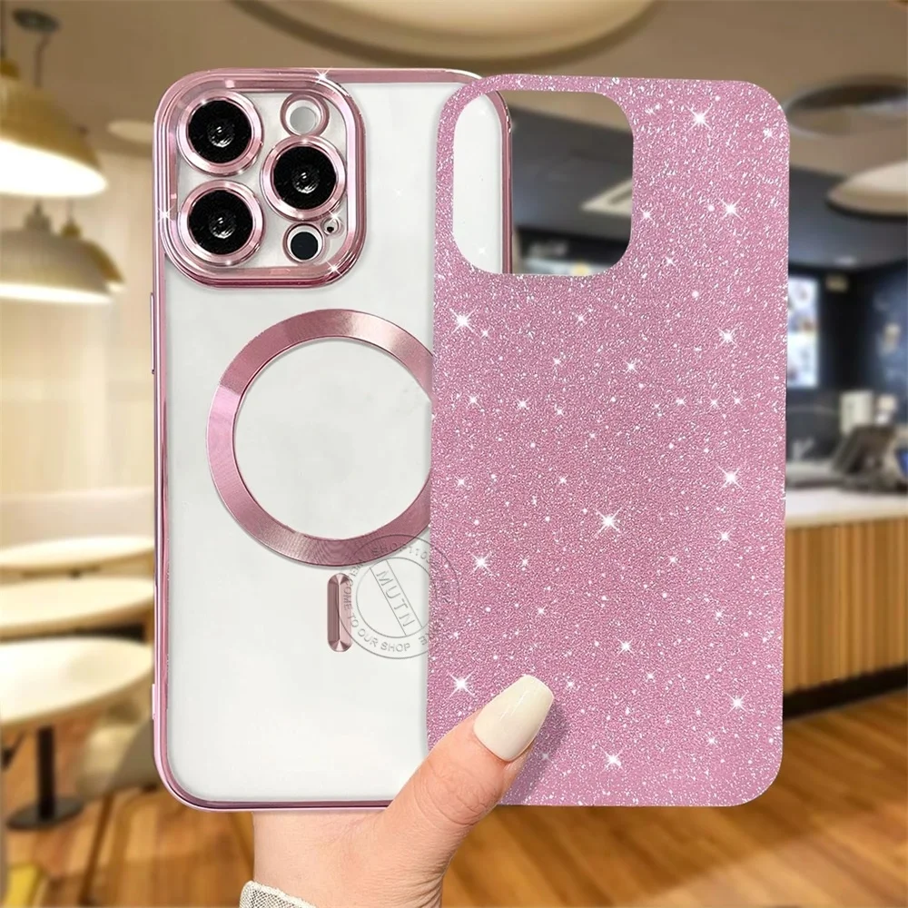 Glitter Bright Cover For iPhone 16 15 14 13 12 11 Pro Max Plus Magsafe Plating Soft Wireless Charging Bling Shining Sparkly Case - náhled 3