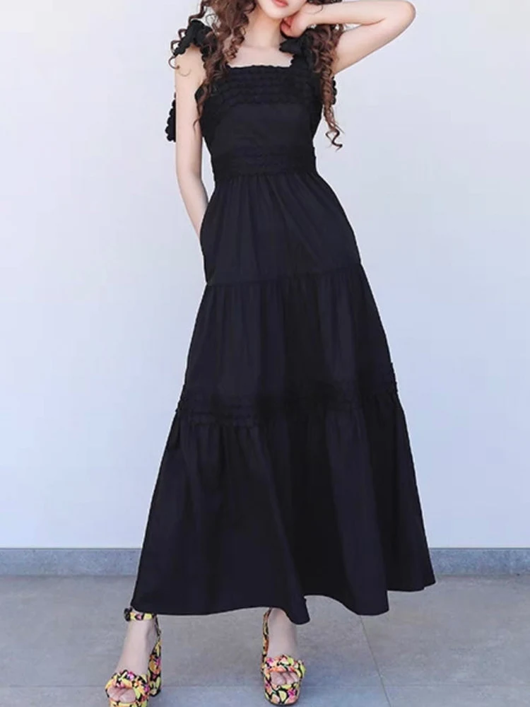 

Retro solid color elegant one-word collar halter skirt 2024 summer women's new high waist and big swing temperament dress