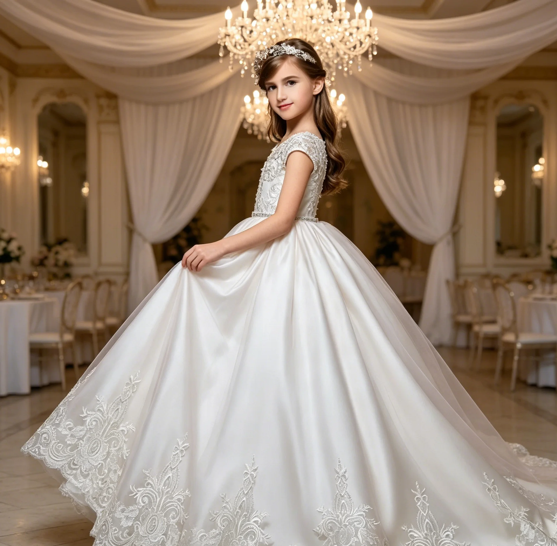 

Princess Satin Flower Girl Dresses for Wedding Short Sleeve Lace Applique Birthday Gowns First Communion Gowns Customized