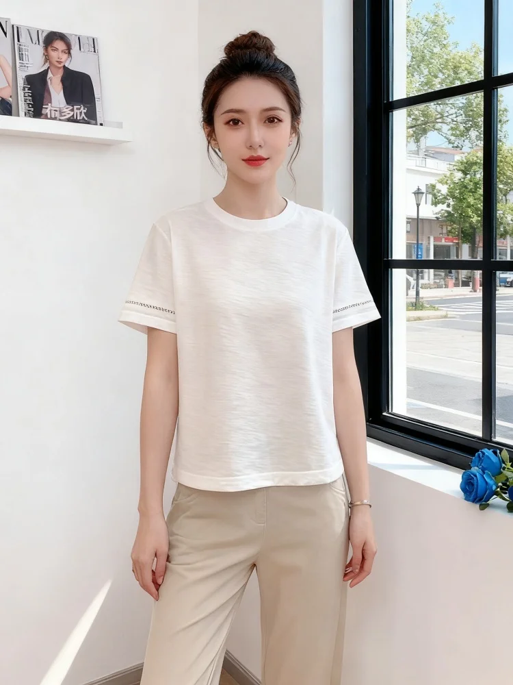 Women's Short Sleeve T-Shirt Heavy Embroidery Back Splicing Hollow out Design Summer Fashion Slimming Top Korean Style