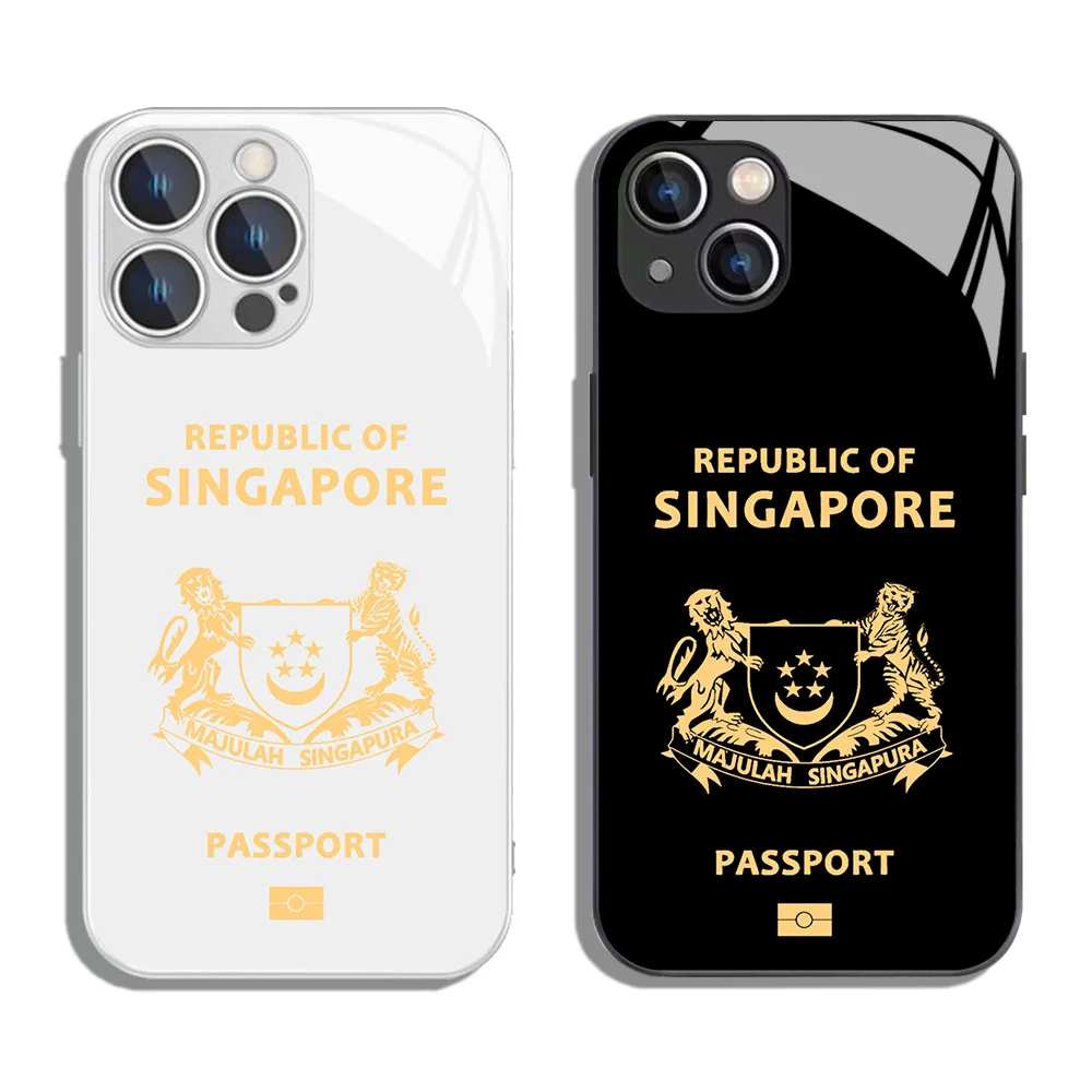 Singapore Passport Metallic-Color Phone Case For iPhone X XR XS 16 15 14 13 12 Mini 11 Pro Max 7 8 SE20 Plus Glass Hard Cover