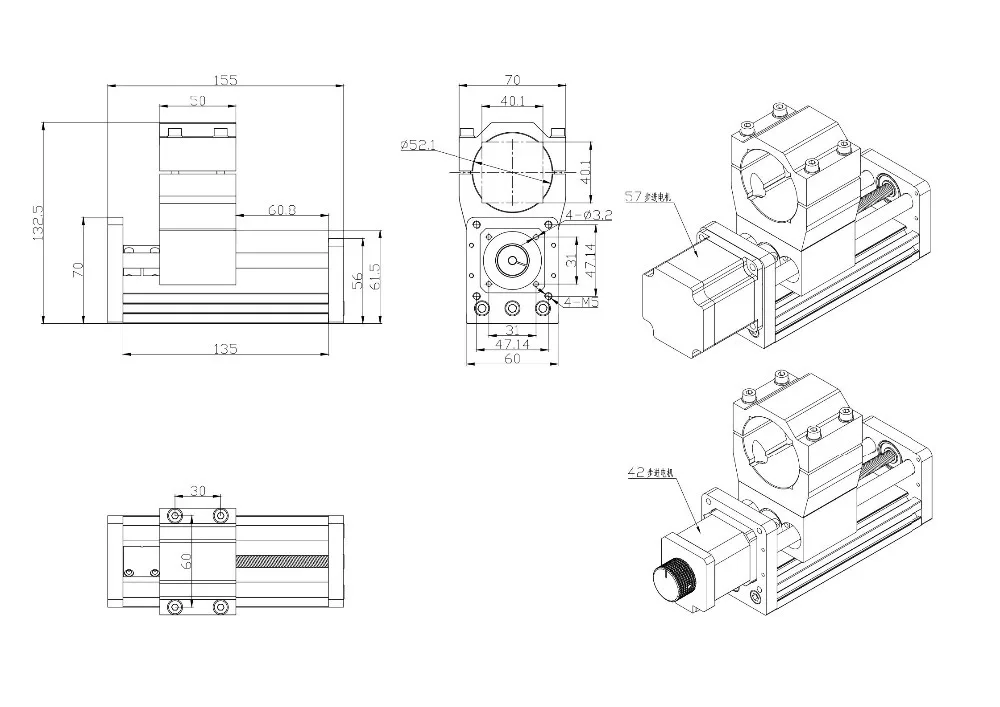 3018Plus Woodworking CNC Spindle 300W 500W, 52mm Diameter Z Axis for Nema17 42H Stepper Motor