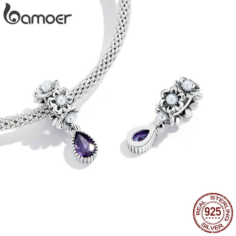 BAMOER 925 Sterling Silver Purple Shining Stone Collection Charms Love Drop Pendant fit for Charm Bracelet Vintage Pattern Beads