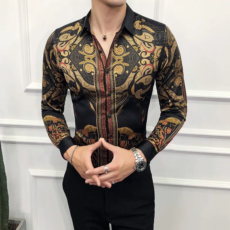 Men's European Fashion Luxury Baroque Paisley Print Shirt Slim Fit Long Sleeve Vintage Royal Button Down Top