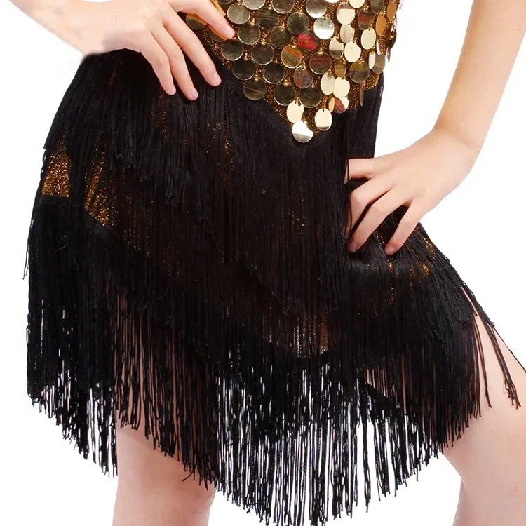 Pailletten Fringe Jurk Dans Goud Latin Competitie Kostuums voor Meisjes Salsa Jurken Met Kwastjes Samba Kleding Kinderen Ballroom