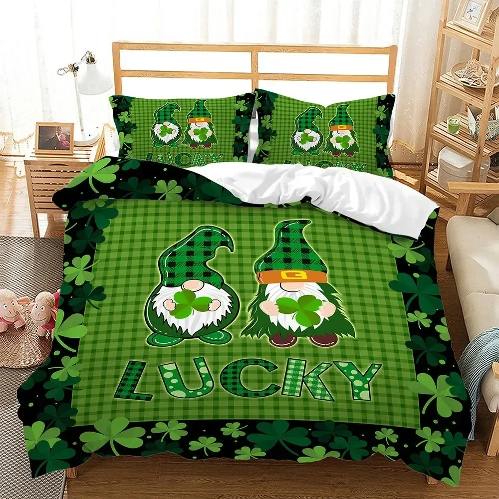 

Top Lucky Green Leaves King Queen Duvet Cover Four Leaf Shamrock Clover Bedding Set For Irish Culture Soft Polyester Quilt Cover