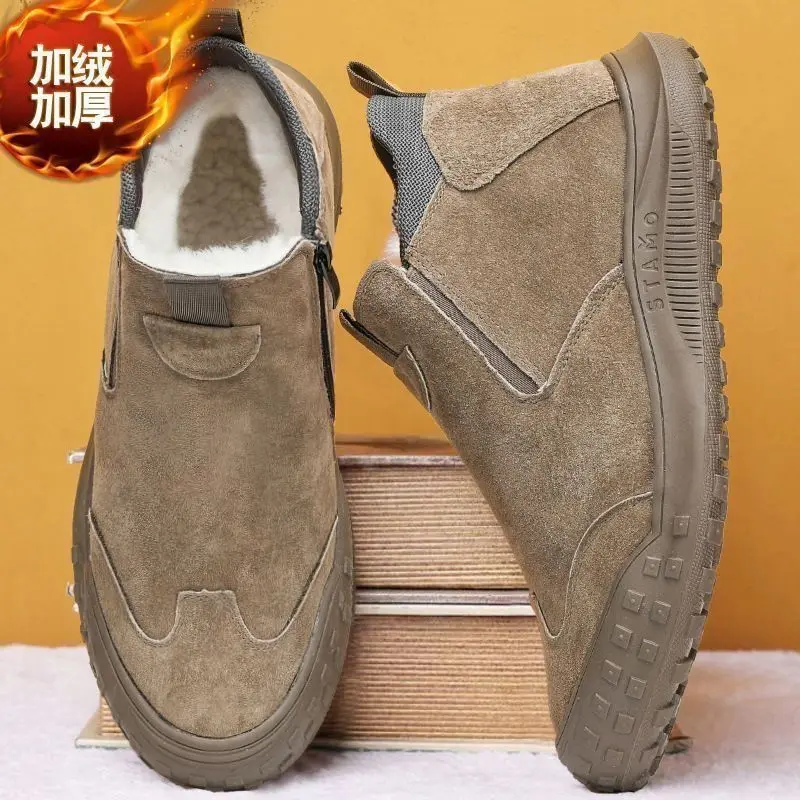 Men's shoes in winter 2025 with plush and thick suede high top cotton shoes for warmth and snow cotton boots
