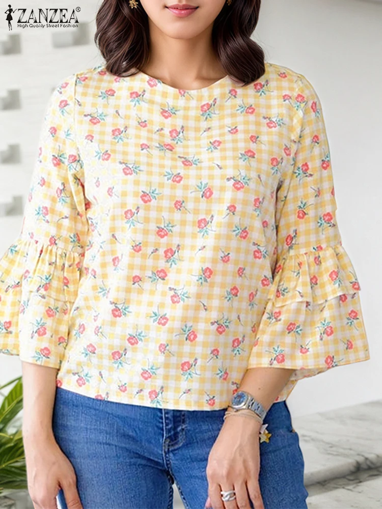 ZANZEA Damskie Bluzki z Falbankami Vintage Krata Krótki Rękaw Letnie Bluzki Boho Bluzki 2025 Oversize Luźne Bluzki z Nadrukiem