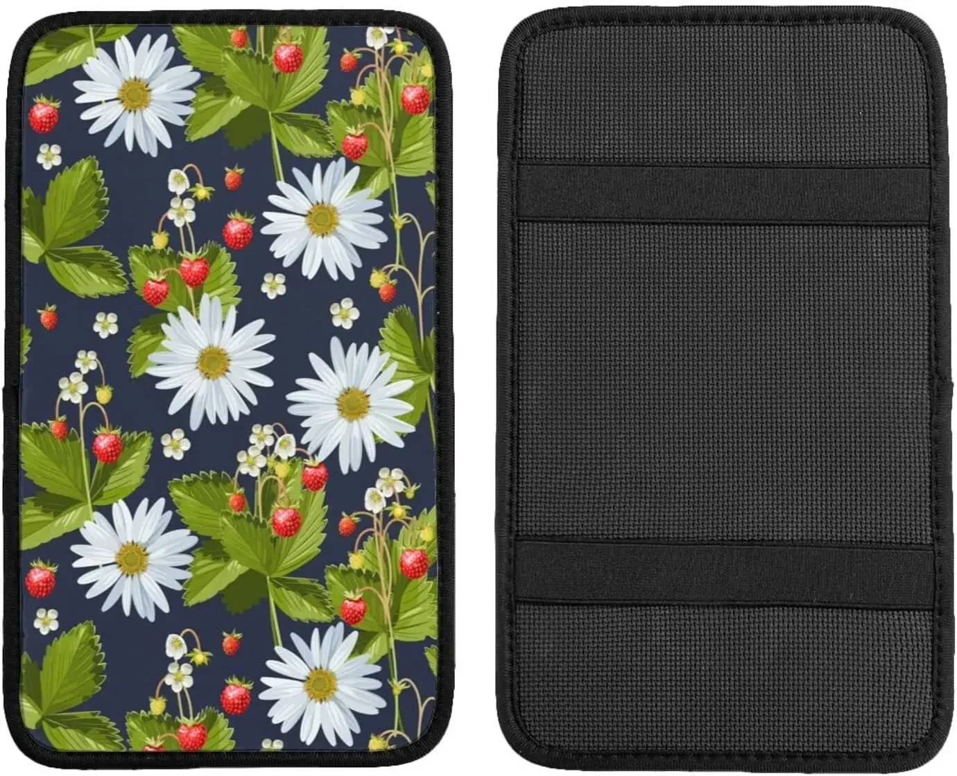 Vehicle Center Console Armrest Cover Pad, Camomile & Wild Strawberry Pattern Print Soft Comfort Car Handrail Box Cushion Univers