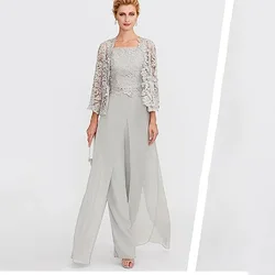 Mother Of The Bride Groom Dresses Pantsuits Set Lace Jacket Silver Grey 3 Pieces Chiffon Slit Wedding Party Guest Gown Pant Suit
