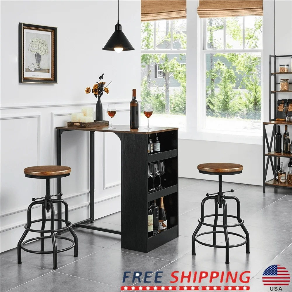 Rustic Industrial Bar Stool Adjustable Height Kitchen Counter Stool with Solid Pinewood Seat Metal Frame Dining Room Bar