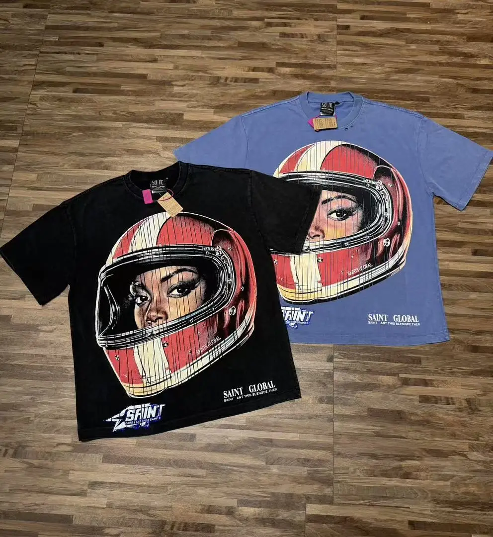 Saint Vintage Washed T-shirt Racing Helmet Woman Portrait Graphic Print Oversized Heavyweight Short Sleeve Tee Streetwear Tops