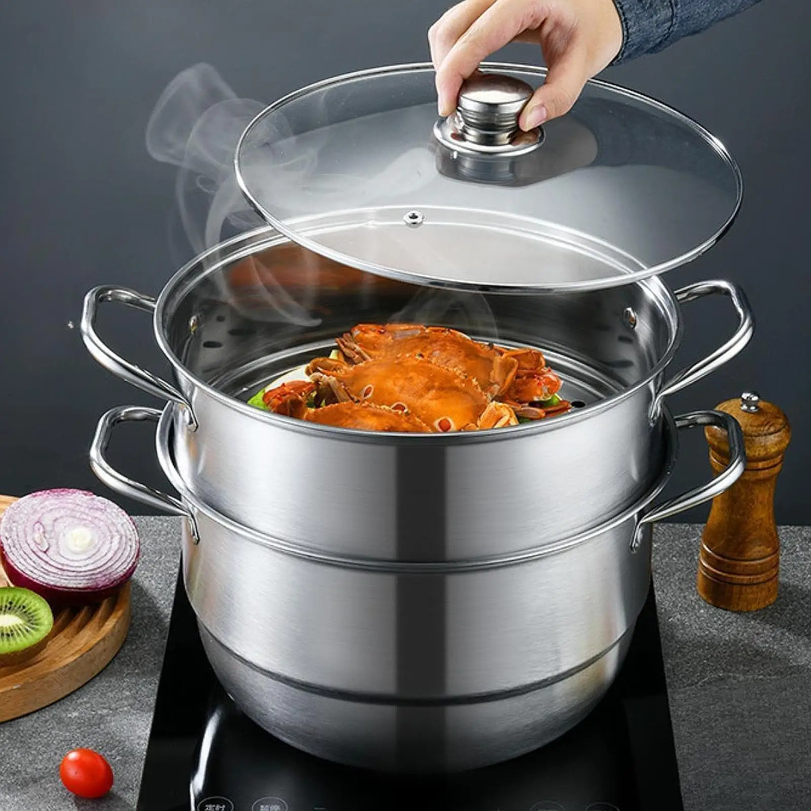 Stainless Steel Steamer Pot 2 Tier Food Steamer Pot for Food Sauce Tamales