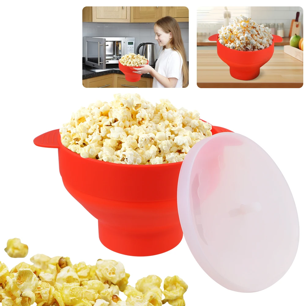 Con asa, cubo plegable para hacer palomitas de maíz con tapa, cuenco para palomitas de maíz para microondas, bricolaje, plegable, de silicona de gran capacidad