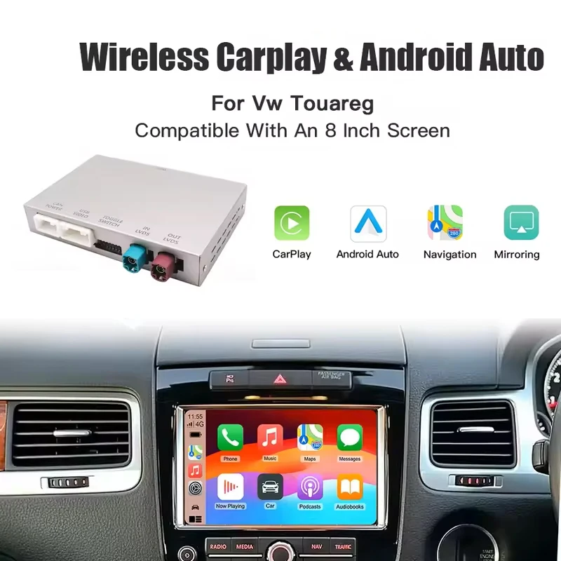 AUTOABC Neue 2025 Drahtlose Android Auto CarPlay auto Box Für VW Touareg RNS850 2010-2018 8 Zoll Navigation spiegel