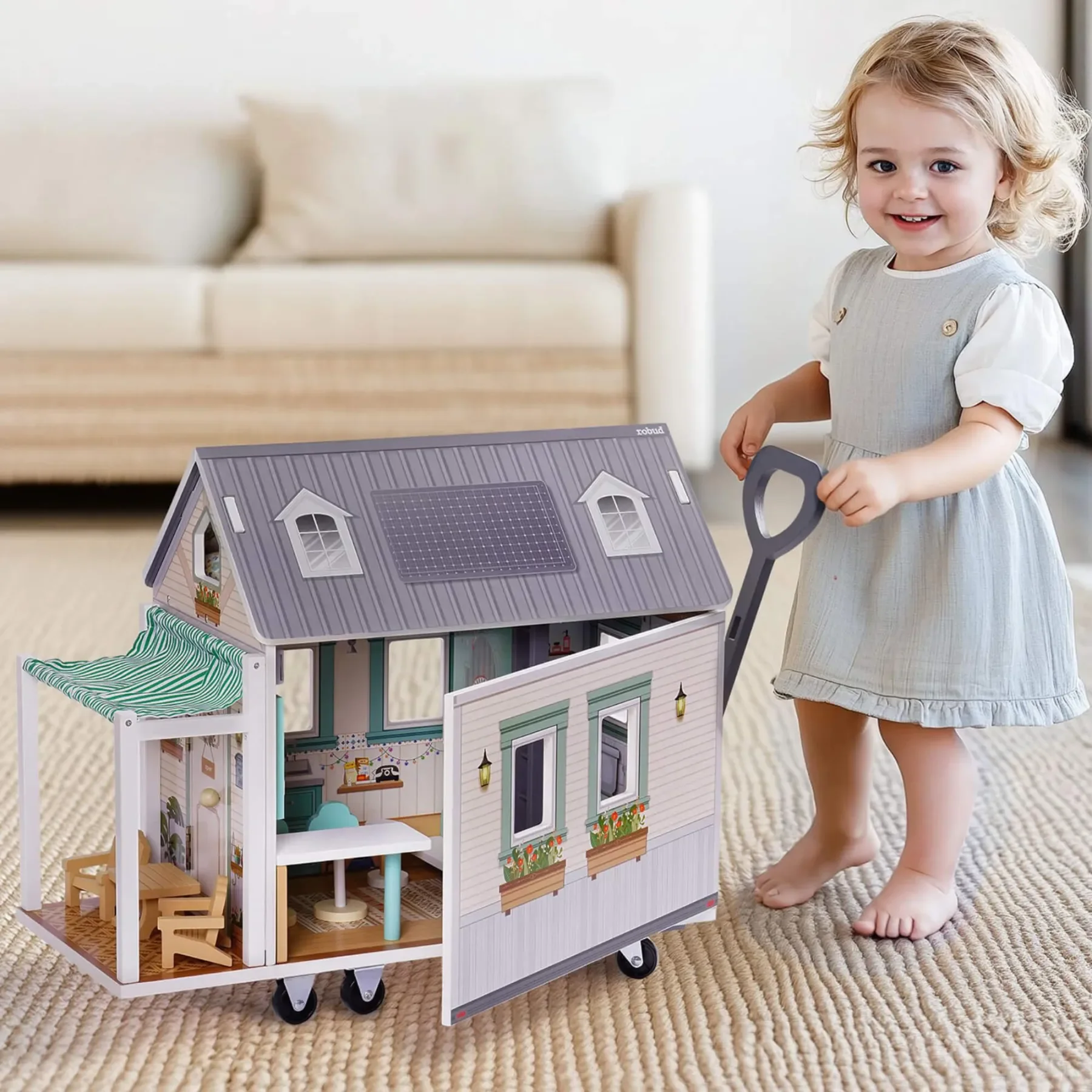 Robud Puppenhaus aus Holz mit Rädern, Rollenspiel-Wohnmobil-Set, Puppenhaus, beweglich mit 10 + Möbelzubehör, Geschenk für Kinder