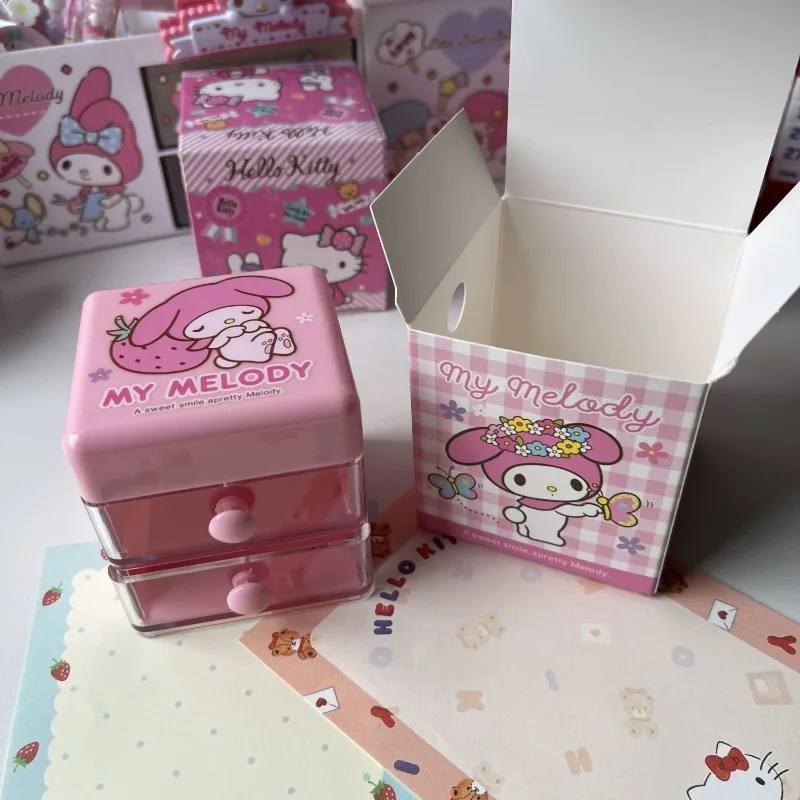 Sanrio Hello Kitty Cinnamoroll Kuromi Creative Cute Double Layer Mini Drawer Storage Box Cartoon Simple Accessories Jewelry Box