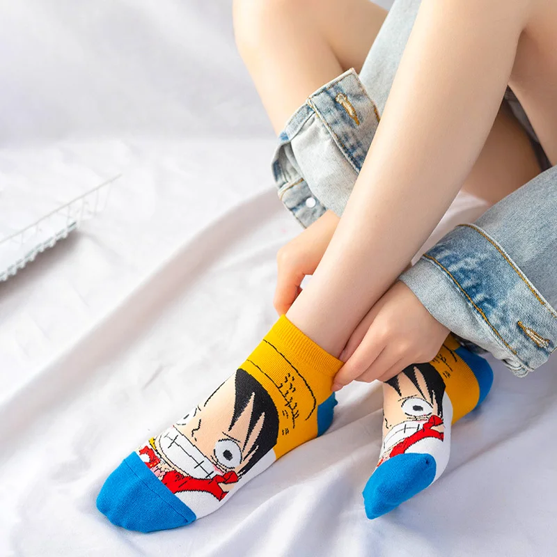 5 Pairs/Lot ONE PIECE Men‘s Boat Socks Luffy Chopper Anime Figure Cartoon Low Socks for Women Spring Summer 100% Cotton Socks