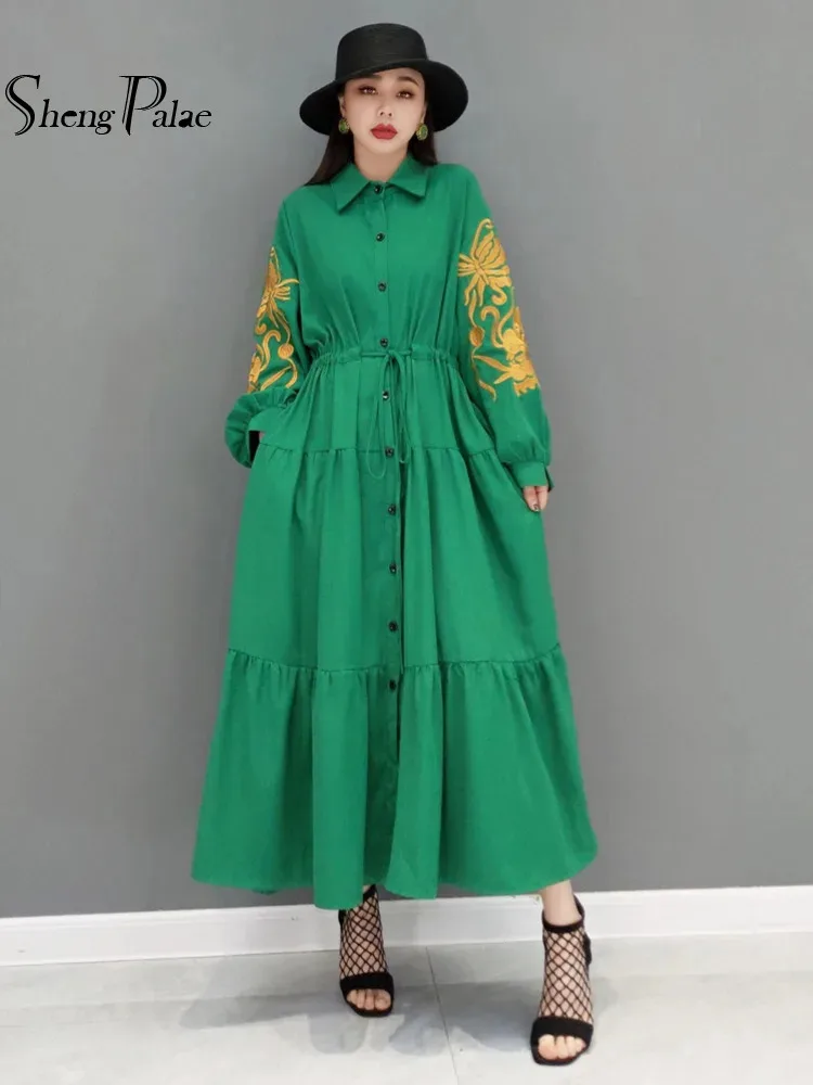 SHENGPALAE Fashion Embroidery Green Derss Women Spring 2025 New Laple Single Breasted Loose Long Sleeve Mid-calf Dresses 5E8968