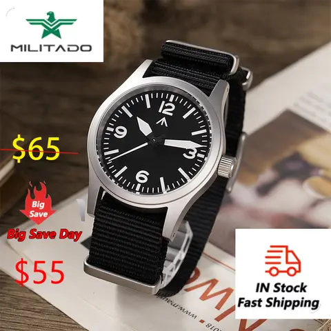 Militado ML05 36912 Watch VH31 Sweep Seconds Movement Dome Sapphire Crystal Watch High Transparency AR Coated 38mm Vintage Watch